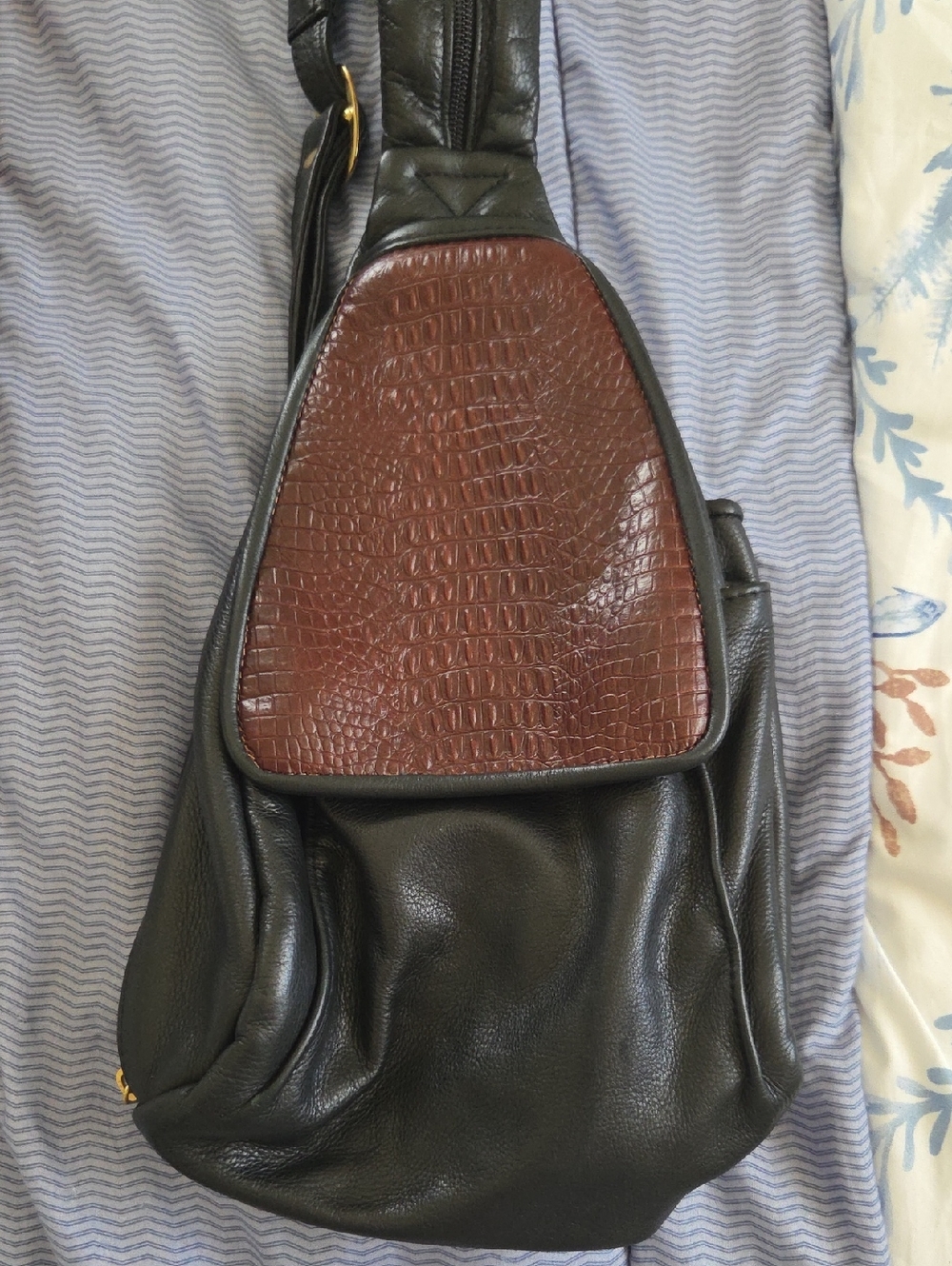 NWOT, Black Leather Sling Bag with Brown Croc-Texture Flap
